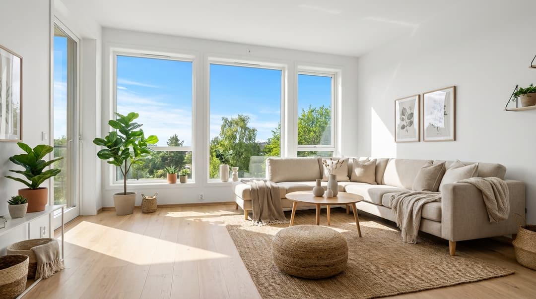 Living room staged from angle 1 with bright blue sky through windows